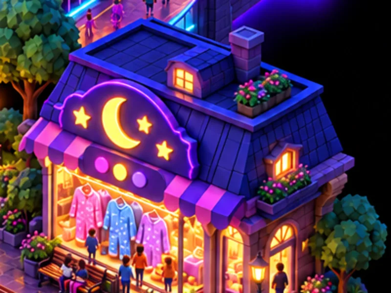 Tienda de pijamas con luna y estrellas de neón, la escena que representa a Pity