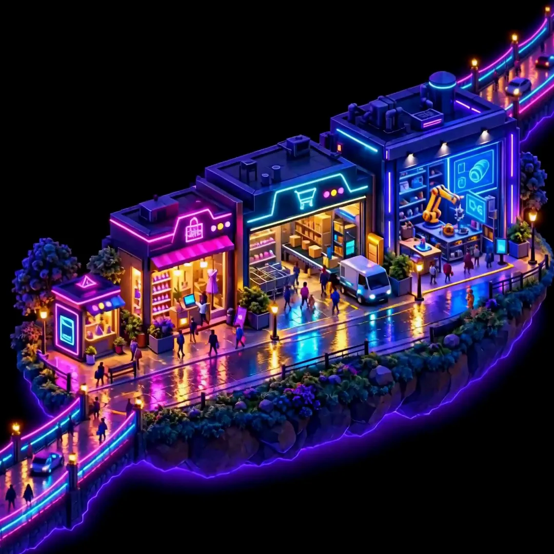 Calle de una ciudad en miniatura con cuatro locales iluminados con neón, uno por cada tipo de página web
